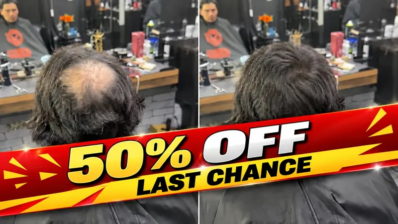 Before and after of a custom-made partial hairpiece for a localized hair loss area, 50% off last chance